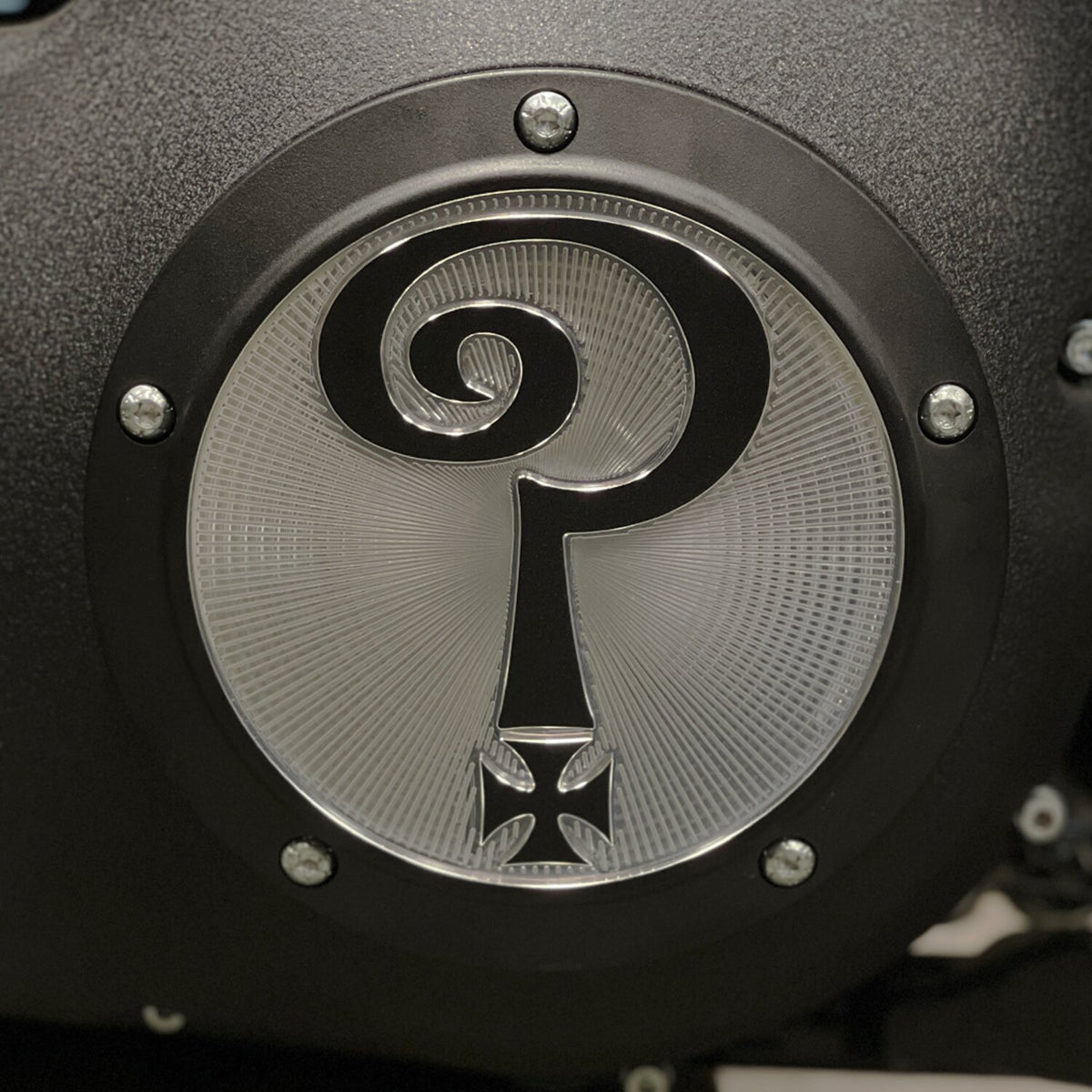 Indian Larry Motorcycles Indian Larry 'Question Mark' derby cover - Matte black/clear