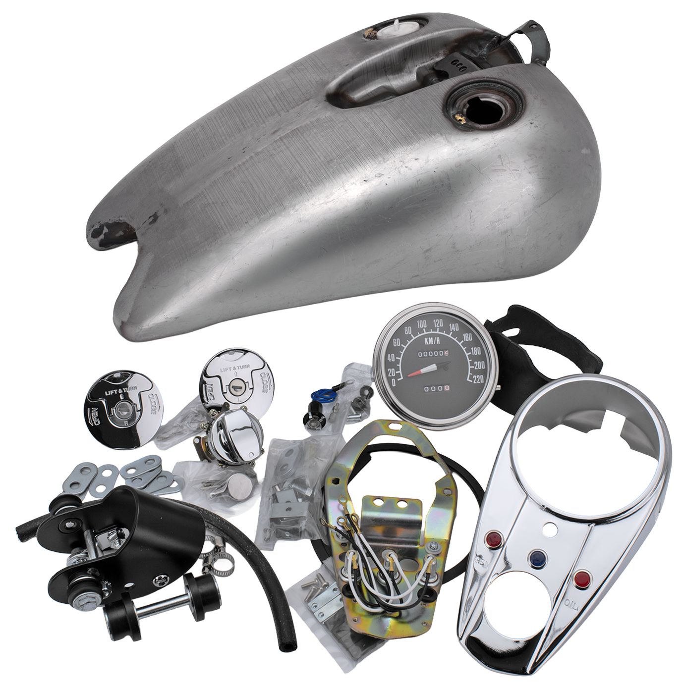 Zodiac One Piece Stretched Tank, Dash & Speedo Kits for Sportster – Gas- & Oil Tank