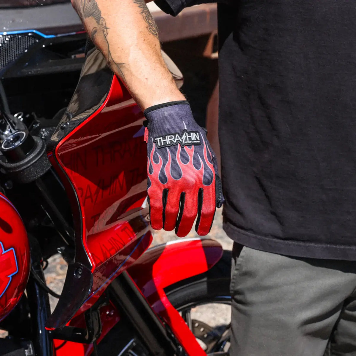 Thrashin Supply Co Stealth Leather Palm Flame Gloves Red