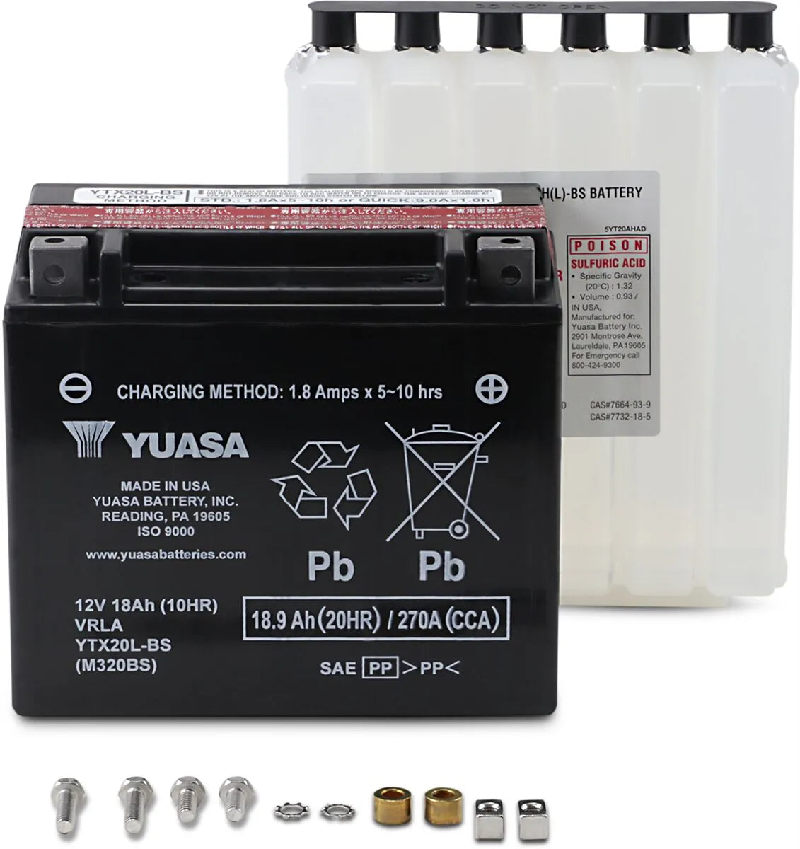 Yuasa YTX20L-BS AGM Maintenance-Free Battery Black 270 CCA
